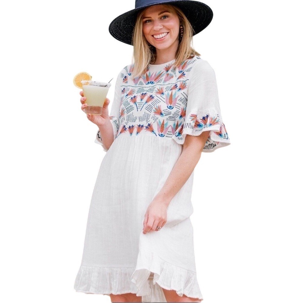 Chloe Oliver White Embroidered Floral Gauze Mini Dress XS Boho‎ Vacation Summer